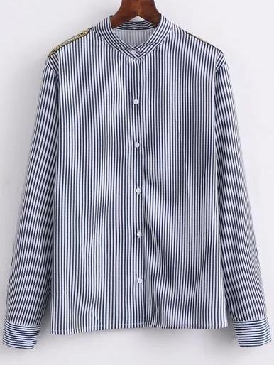 Romwe Blue Vertical Striped Embroidery Epaulet Blouse