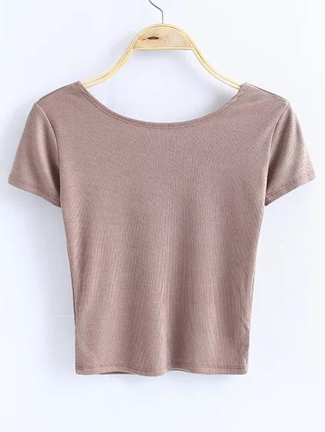 Romwe Khaki Open Back T-shirt
