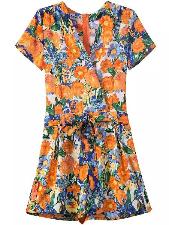 Romwe Deep V Neck Florals With Belt Romper