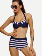 Romwe Navy Striped Print High Waist Vintage Bikini Set