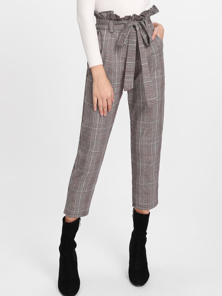 Romwe Glen Plaid Frill Waist Self Tie Capri Pants