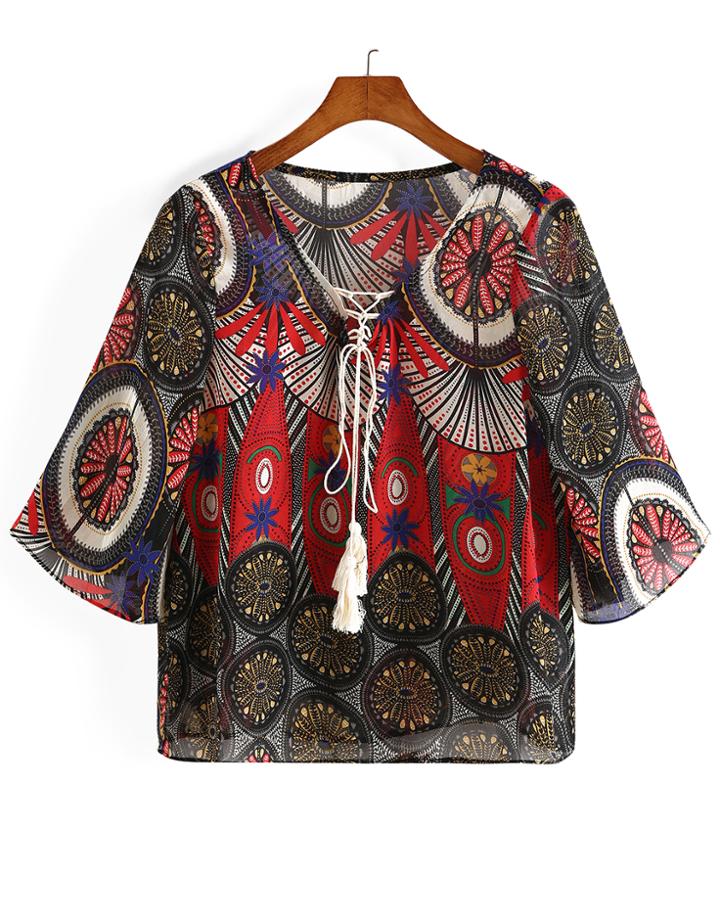 Romwe V Neck Lace Up Geometric Print Top