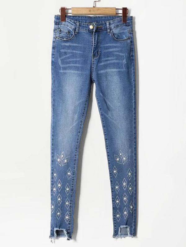 Romwe Faux Pearl Detail Frayed Hem Jeans