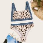 Romwe Contrast Trim Leopard Top With High Waist Bikini Set