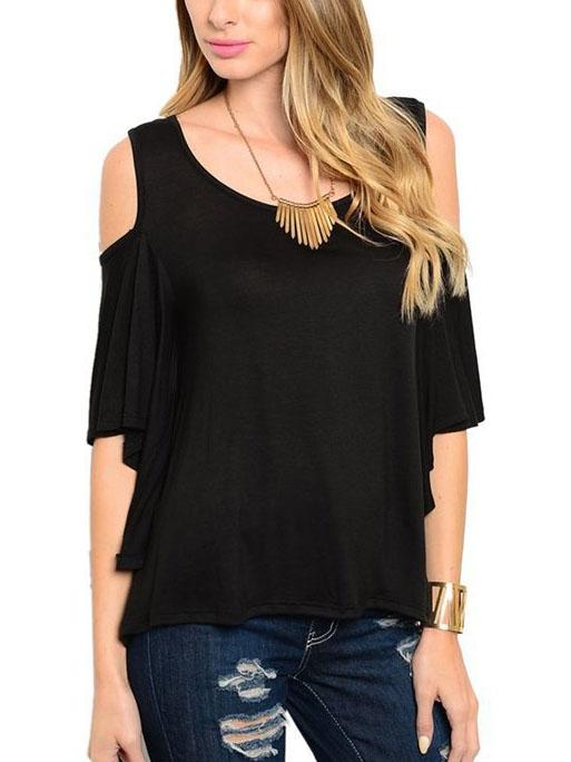 Romwe Open Shoulder Cutout Back Top - Black