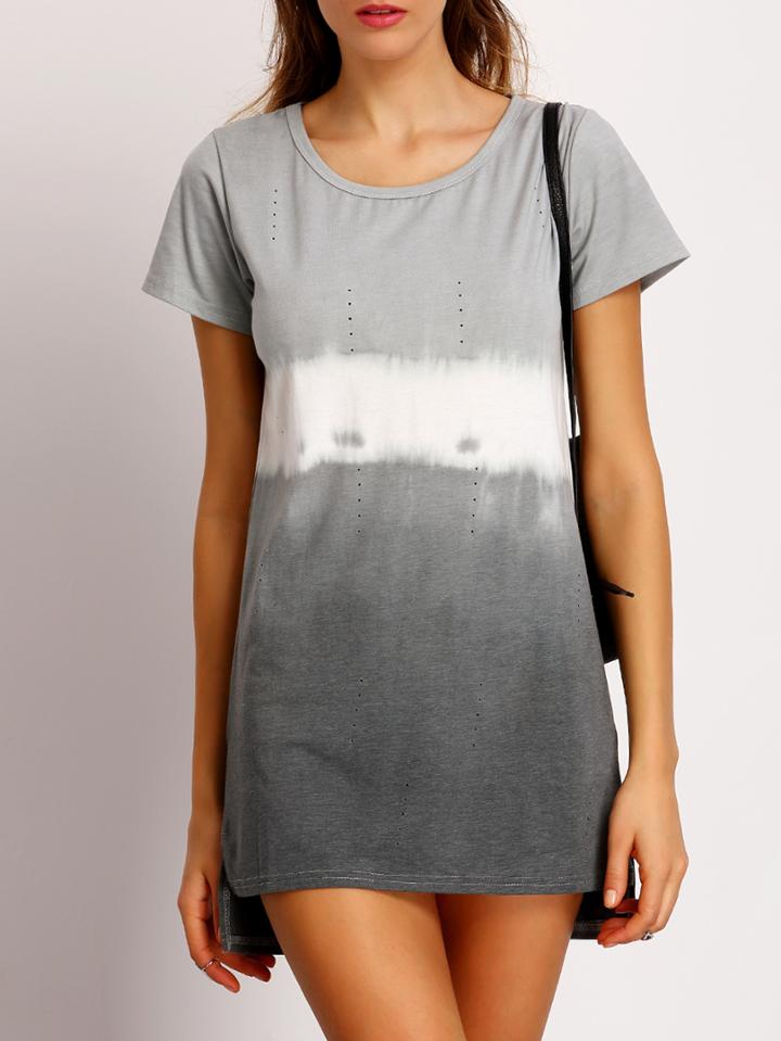 Romwe Ombre Eyelet Dip Hem T-shirt Dress