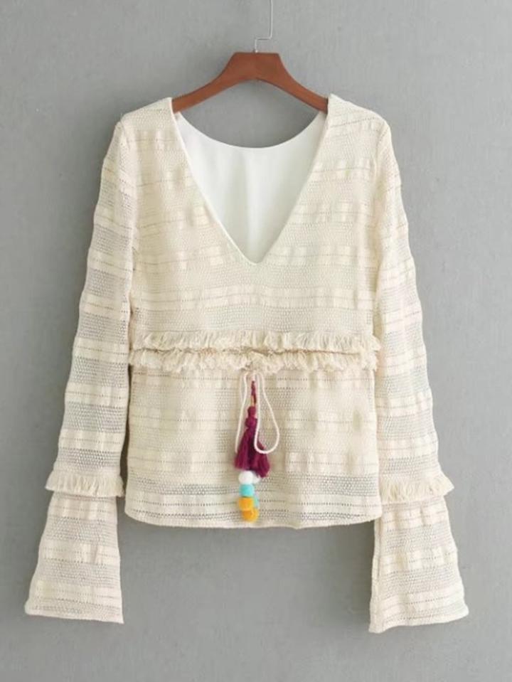 Romwe Tassel & Pom Pom Bell Sleeve Crochet Top