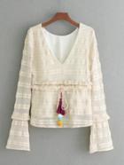 Romwe Tassel & Pom Pom Bell Sleeve Crochet Top