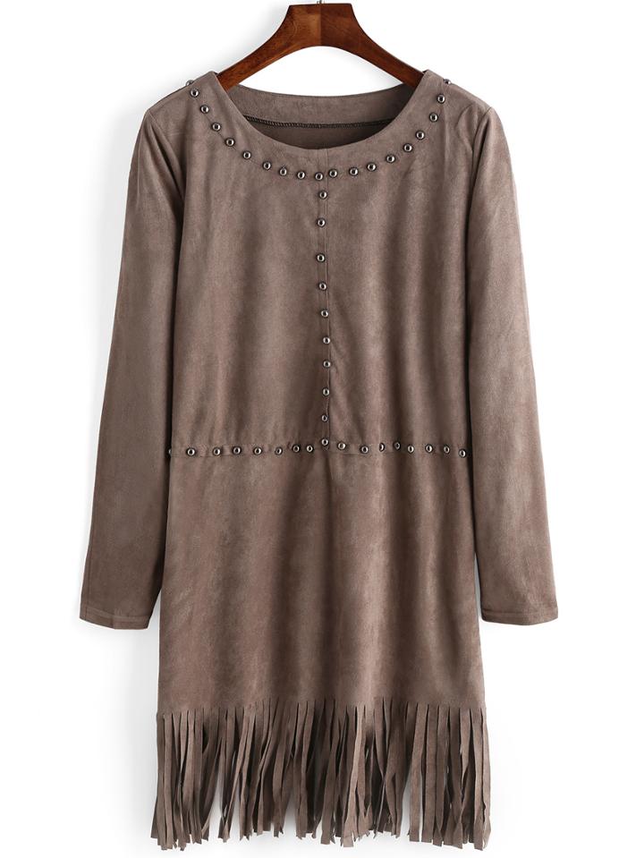Romwe Fringe Studded Straight Suede Dress