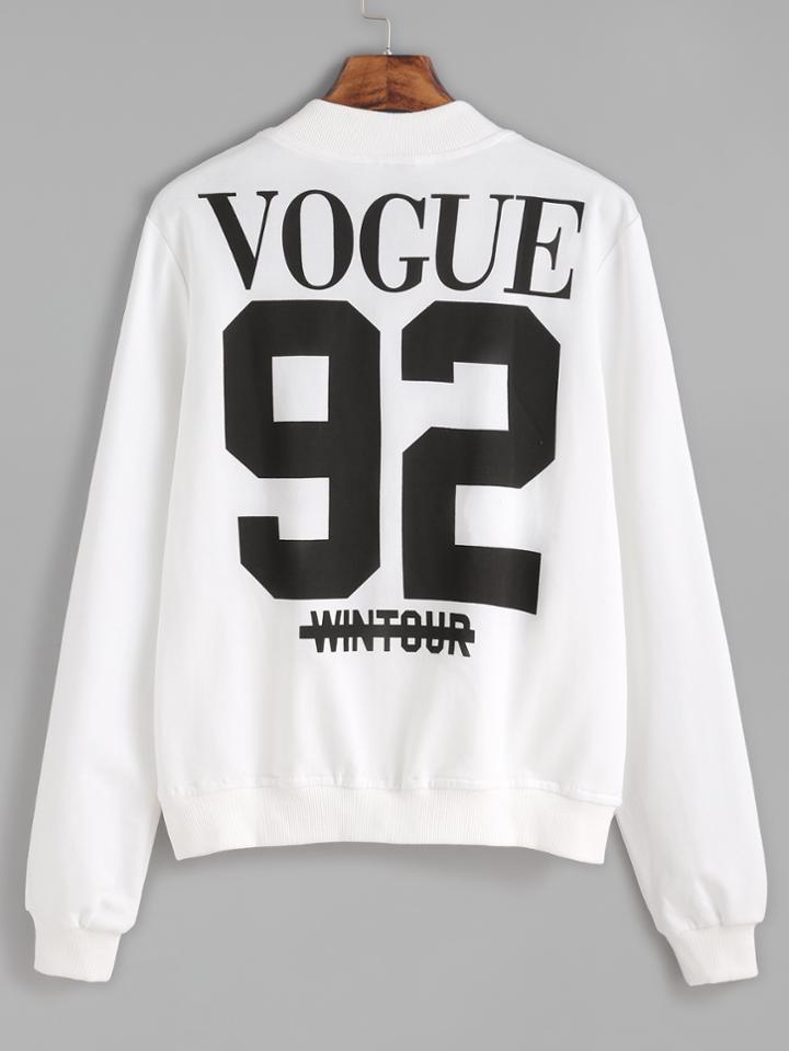 Romwe White Number Letter Print Back Bomber Jacket
