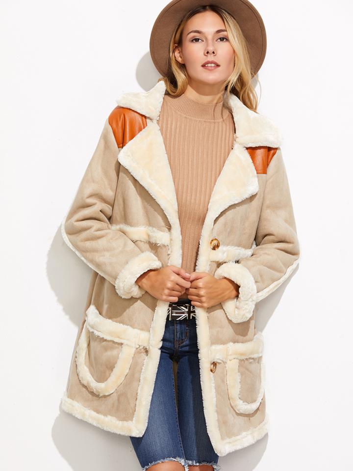Romwe Contrast Pu Pockets Suede Coat