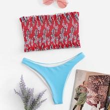 Romwe Random Pattern Shirred Mix And Match Bikini Set