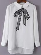 Romwe White Bow Embroidery High Low Blouse