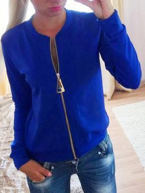 Romwe Round Neck Zipper Blue Jacket