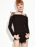 Romwe Black Lace Up Shoulder T-shirt