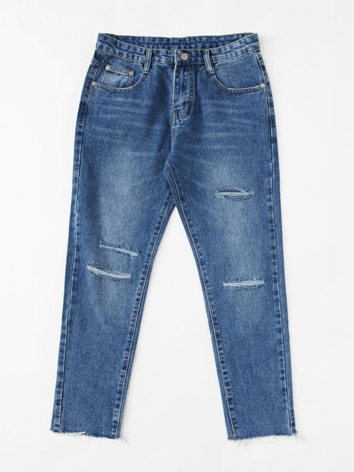 Romwe Men Ripped Raw Hem Jeans