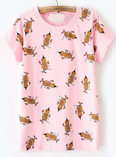 Romwe Peanut Print Loose Pink T-shirt