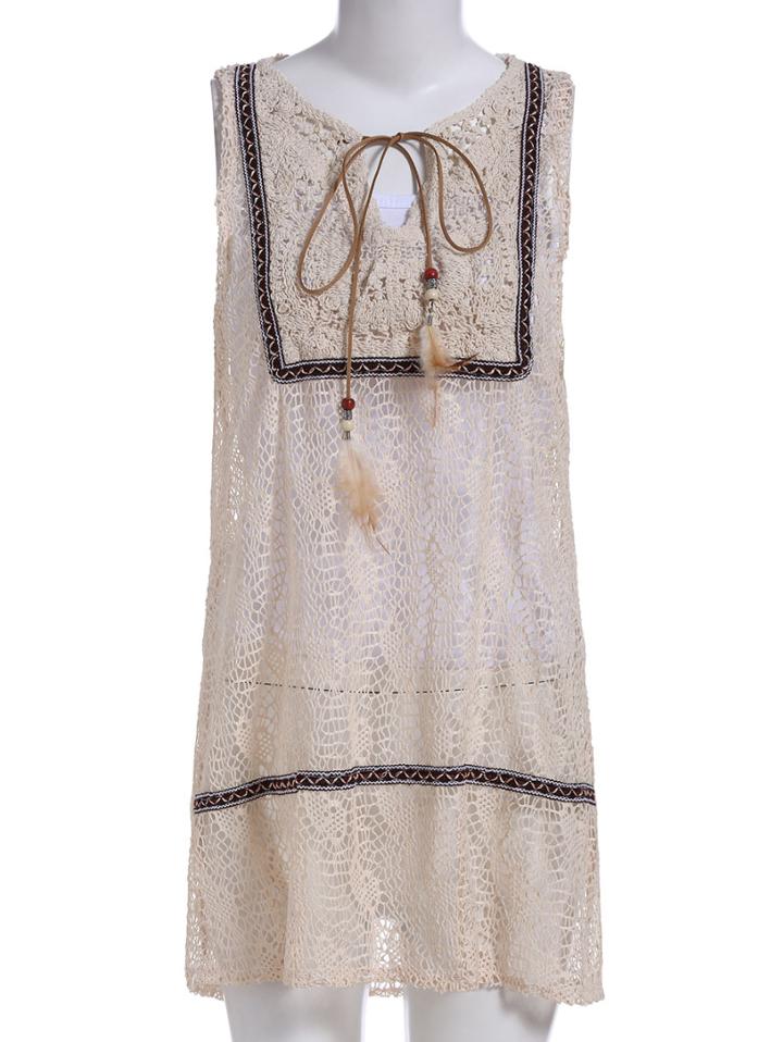 Romwe Lace Up Crochet Hollow Beige Tank Top