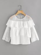 Romwe Embroidered Mesh Shoulder And Fluted Sleeve Flounce Top