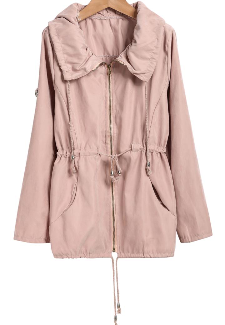 Romwe Drawstring Pockets Pink Coat