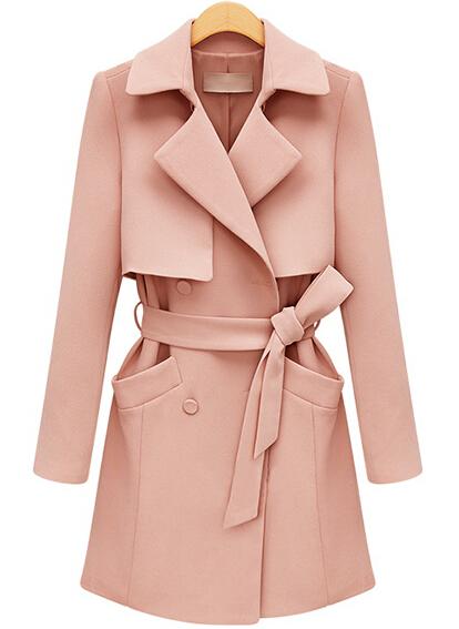 Romwe Belted Pockets Pink Trench Coat