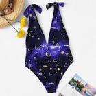 Romwe Galaxy Print Tie Shoulder One Piece Swimsuit