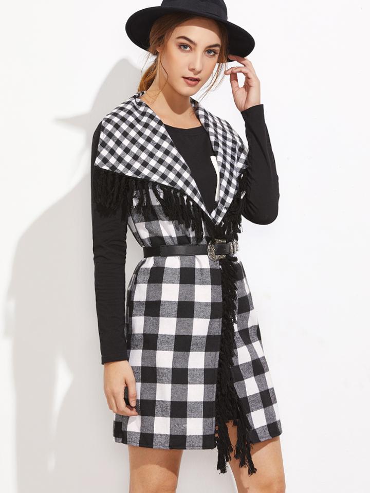Romwe Black And White Checkered Drape Collar Tassel Trim Vest