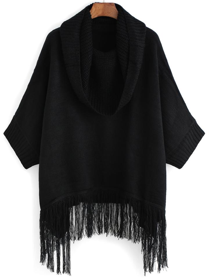Romwe High Neck Tassel Black Sweater