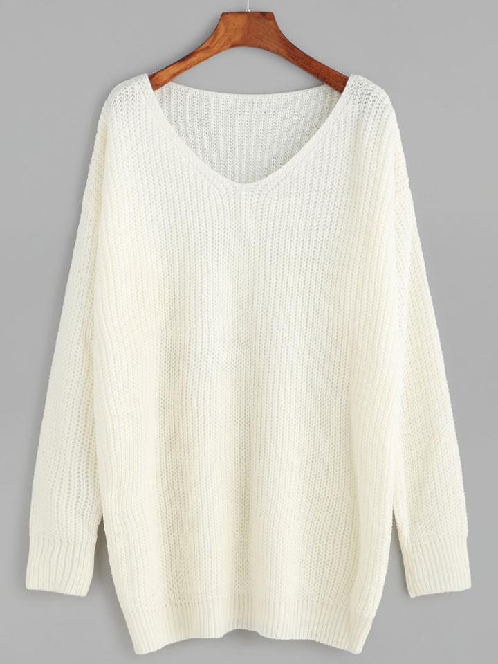 Romwe White V Neck Drop Shoulder Sweater