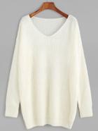 Romwe White V Neck Drop Shoulder Sweater