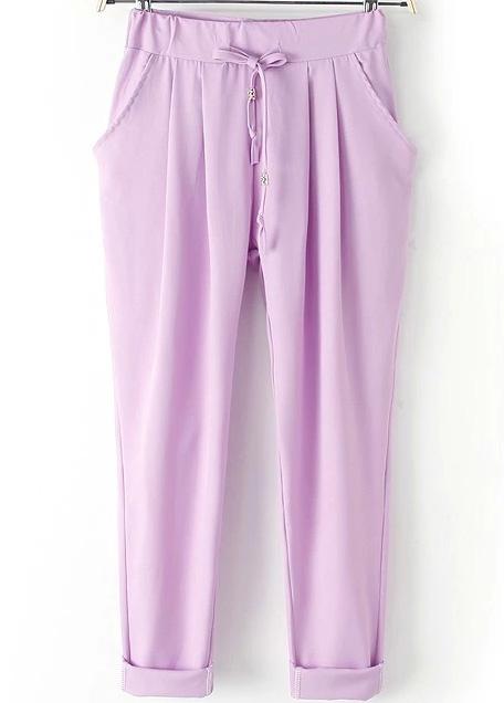 Romwe Drawstring Waist Pockets Purple Pant