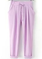 Romwe Drawstring Waist Pockets Purple Pant