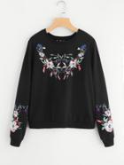 Romwe Botanical Embroidered Pullover
