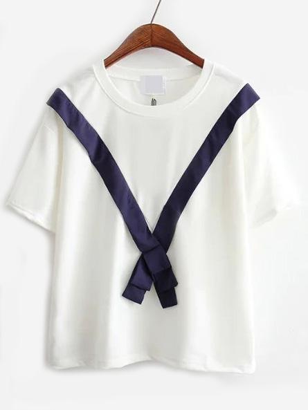 Romwe Contrast Tie White T-shirt