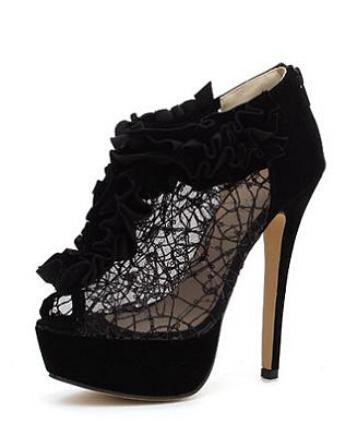 Romwe Black Hollow Embroidered High Heel Shoes
