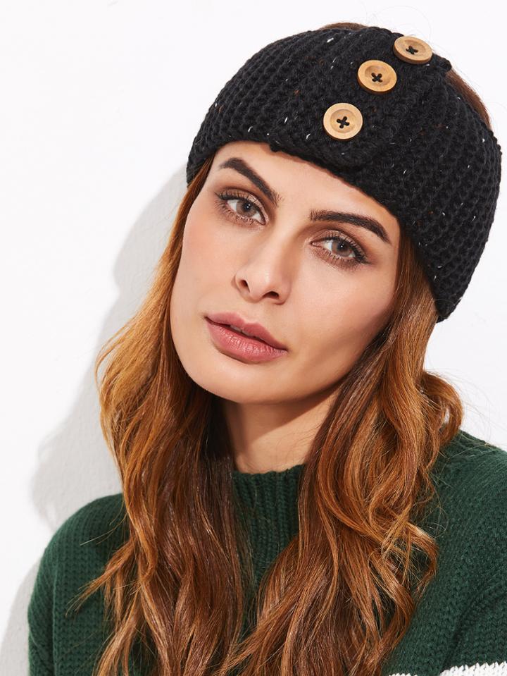 Romwe Black Ribbed Button Knit Wide Ear Warmer Headband