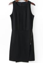 Romwe Black Sleeveless Zipper Asymmetrical Bodycon Dress