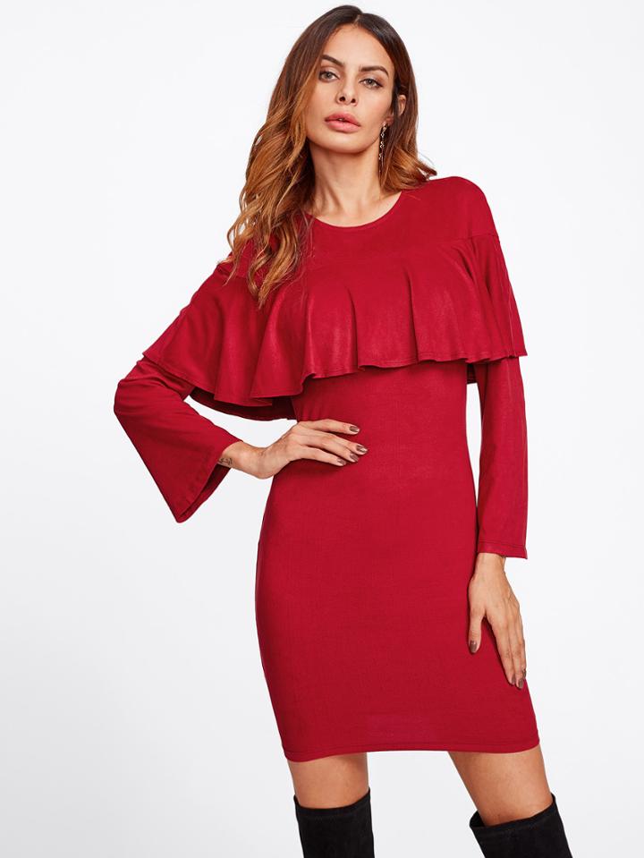 Romwe Bell Sleeve Flounce Form Fitting Suede Dress
