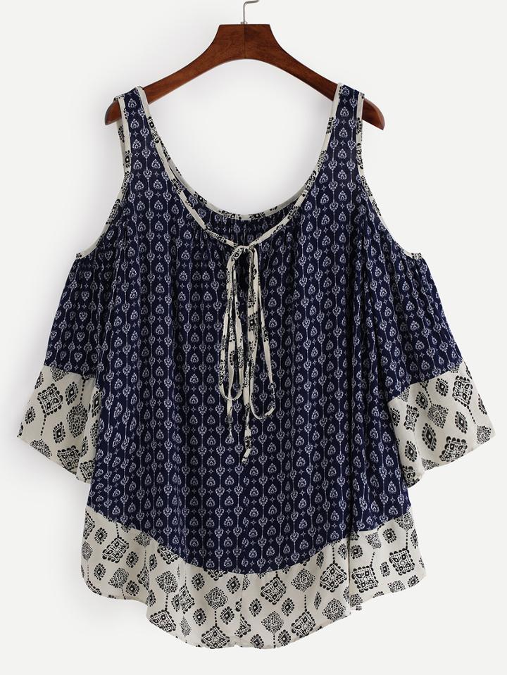 Romwe Open Shoulder Tie Neck Tribal Print Top