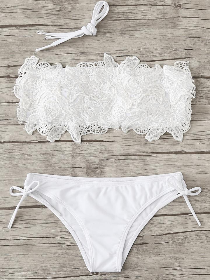 Romwe Crochet Flower Applique Bikini Set