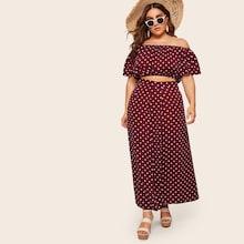 Romwe Plus Off Shoulder Polka Dot Top With Split Skirt