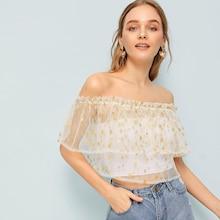 Romwe Bardot Star Print Flounce Trim Mesh Blouse