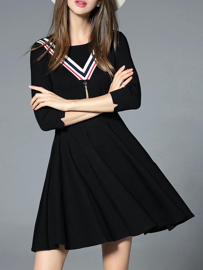 Romwe Black Color Block Pockets A-line Dress