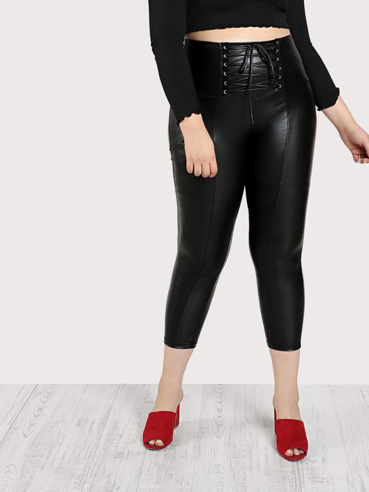 Romwe Lace Up Wide Waistband Coated Leggings