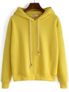 Romwe Yellow Hooded Drawstring Loose Crop Sweatshirt