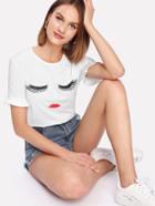 Romwe Eyelash And Lips Print Tee