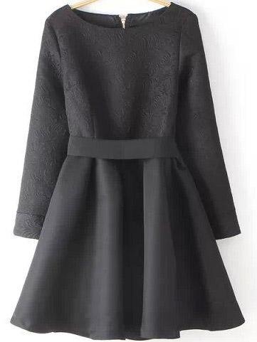 Romwe Long Sleeve Jacquard Flare Dress