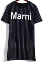 Romwe Vertical Striped Letter Print T-shirt