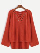 Romwe V Neck High Low Lace Up Ribbed Trim Sweater
