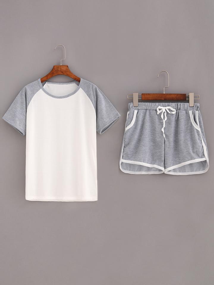 Romwe Contrast Raglan Sleeve Top With Drawstring Shorts